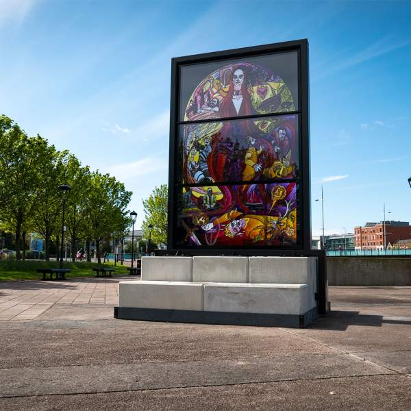 Glass of Thrones stained glass window at the foot of Lagan Weir, Belfast. The window depicts various scenes involving House Baratheon in TV's Game of Thrones.