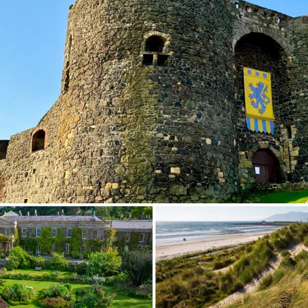 Collage of filming locations including Carrickfergus Castle, Mount Stewart and Tyrella Beach