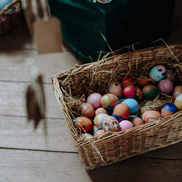 Decorated eggs in a basket at the Ulster American Folk Park.