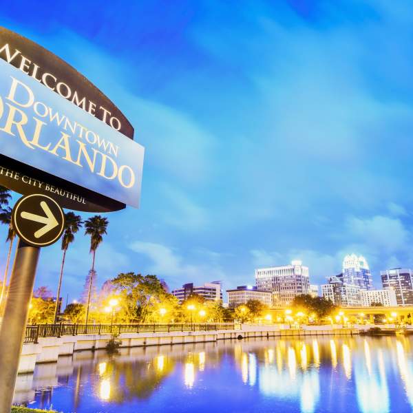 Downtown Orlando. City skyline. Located in Lake Eola Park, Orlando, Florida, USA.