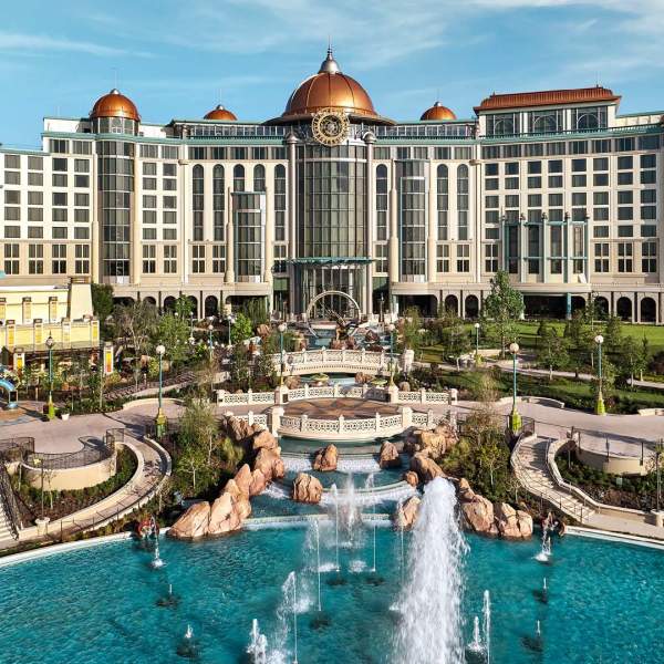 The park-facing exterior of Universal Helios Grand Hotel, a Loews Hotel, seen from inside Universal Epic Universe in Orlando