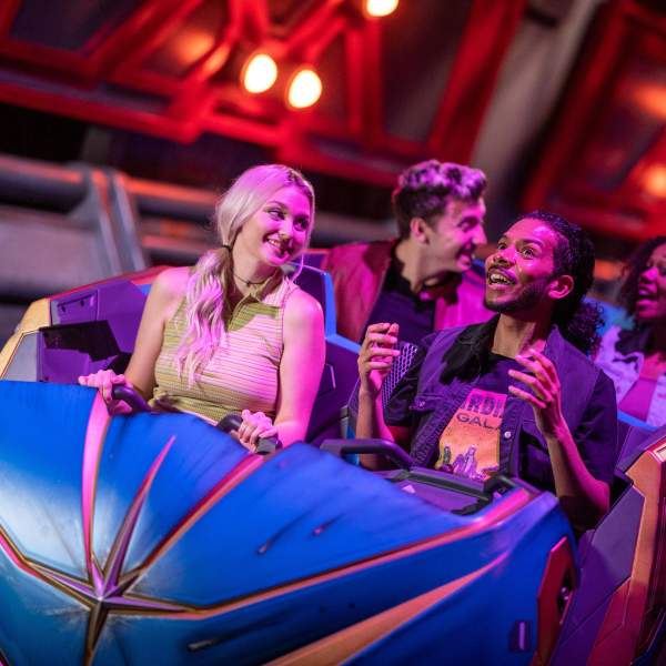 EPCOT guests board their Xandarian Starjumper in preparation for an intergalactic chase through time and space in Guardians of the Galaxy: Cosmic Rewind, the new family-thrill coaster attraction at Walt Disney World Resort in Lake Buena Vista, Fla. (Kent Phillips, photographer)
