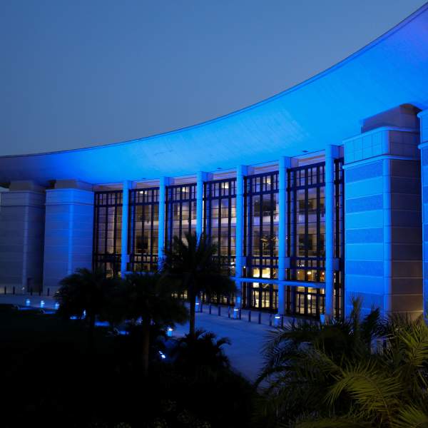 Orange County Convention Center lit up in blue