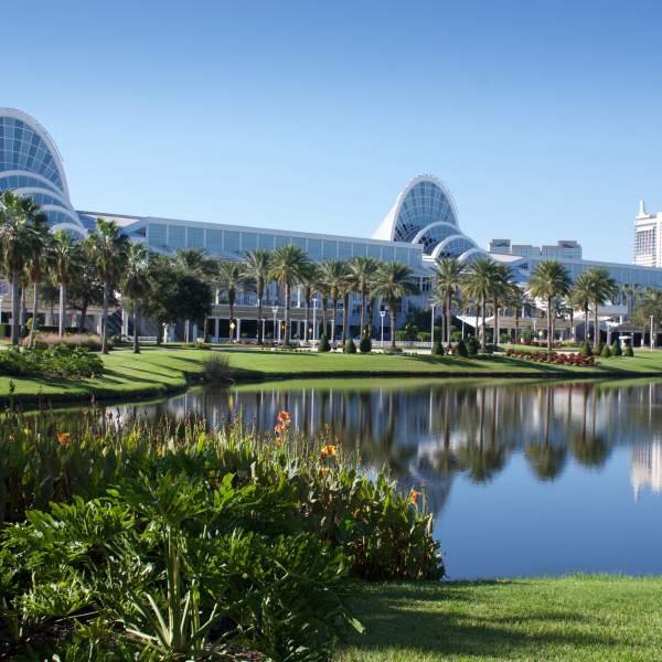 Orange County Convention Center with lake in the foreground