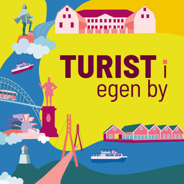 Fargerike illustrasjon av diverse landemerker i Nedre Glomma. Illustrasjon/grafikk.