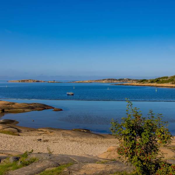 Foten badeplass med stupetårn, stille sjø og solen skinner