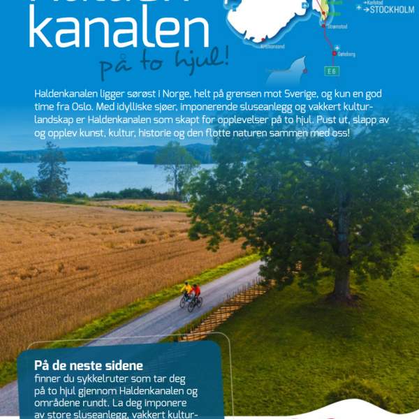Front page of the Halden Canal's bicycle brochure: Experience the Halden Canal on two wheels