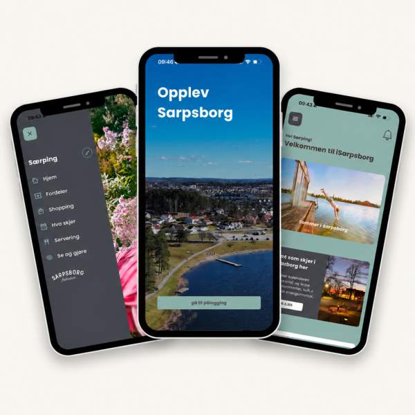 Reklamebilde av Opplev Sarpsborg. 3 telefoner som viser noe av innholdet i appen.