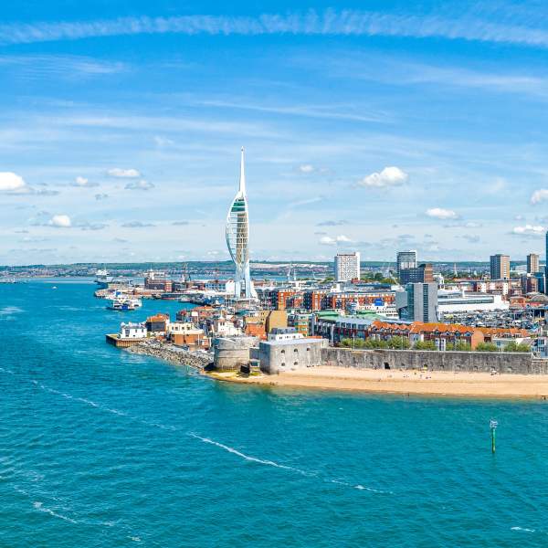 Aerial photograph of Portsmouth Harbour, with Old Portsmouth behind and the Spinnaker Tower in the distance