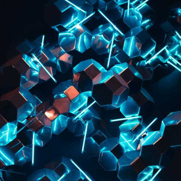 Stock image of some blue and orange futuristic-style shapes