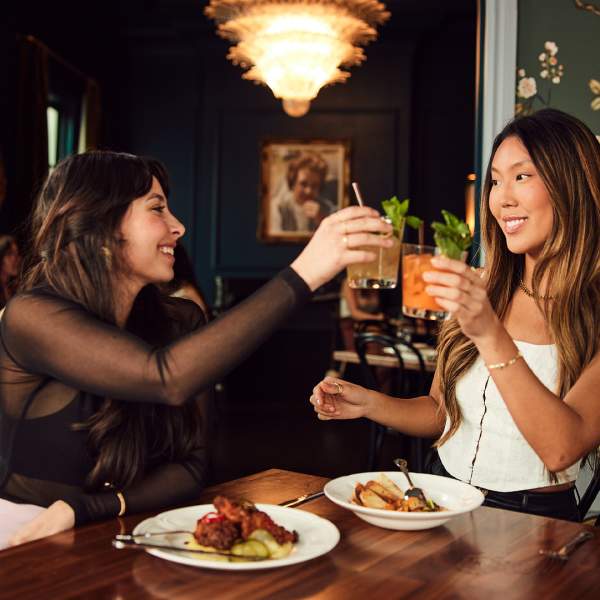 Two girls toasting their drinks