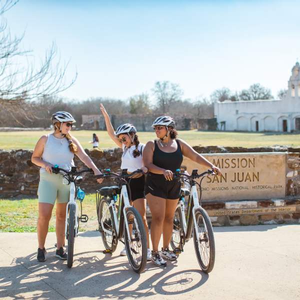 3 Friends with Bikes in front of Mission San Jose