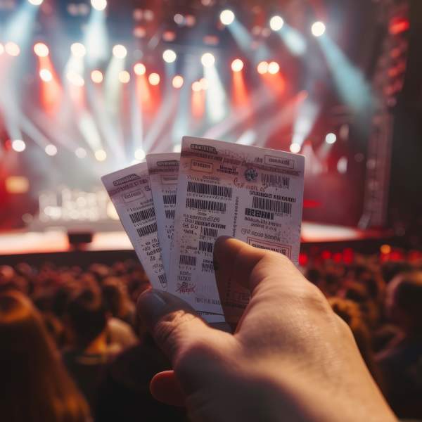 A hand holds up concert tickets in front of a stage