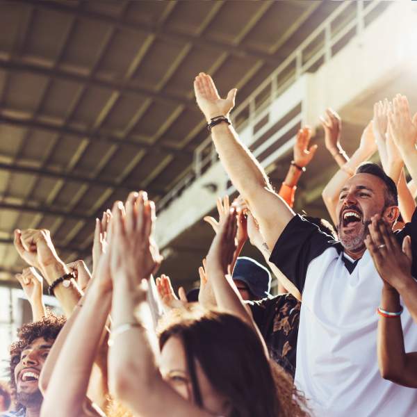 Fans celebrating in a stadium