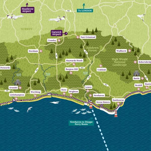 A graphic Map of sussex showing the whole county