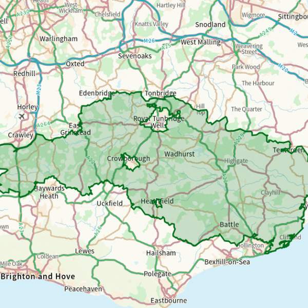 map showing area of the high weald national landscape