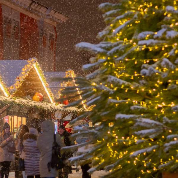 A christmas market and sparkling christmas tree
