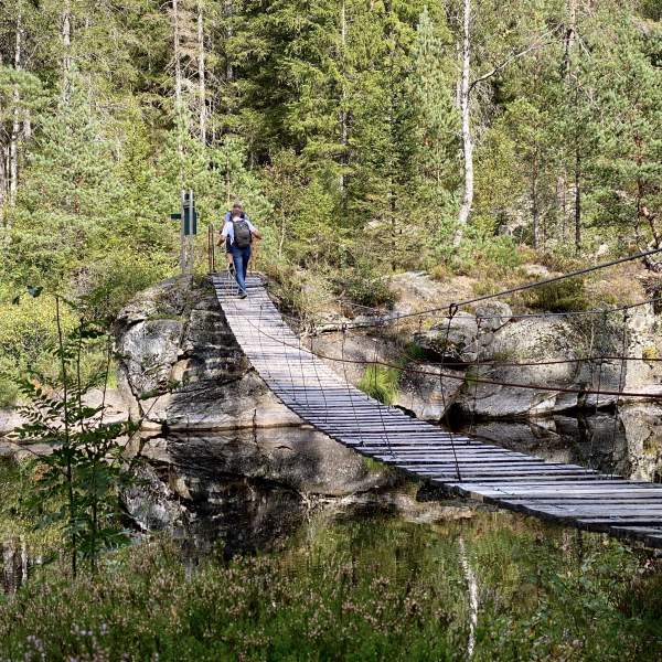 Mennesker på tur over hengebro