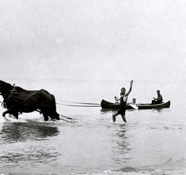 Old historic image of a horse pulling a canoe in the water