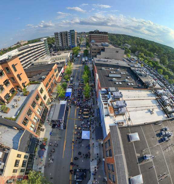 Fisheye aerial view of Main Street in downtown Ann Arbor