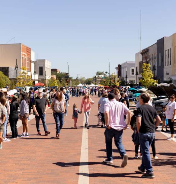 People on a historic downtown street