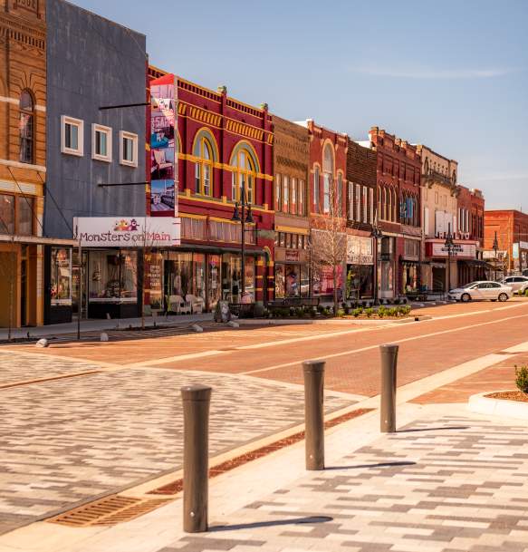 Shops and historic buildings along the 400 block of Main Street in Denison