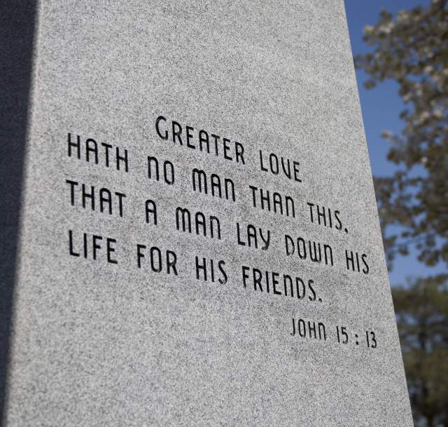 Military Monument with John 15:13, "Greater Love Hath No Man Than This, That a Man Lay Down His Life For His Friends."