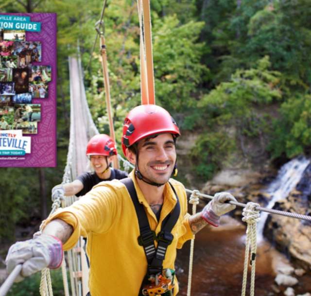 Men enjoying a day at Cumberland County's ZipQuest with the cover of the Greater Fayetteville Digital Destination Guide
