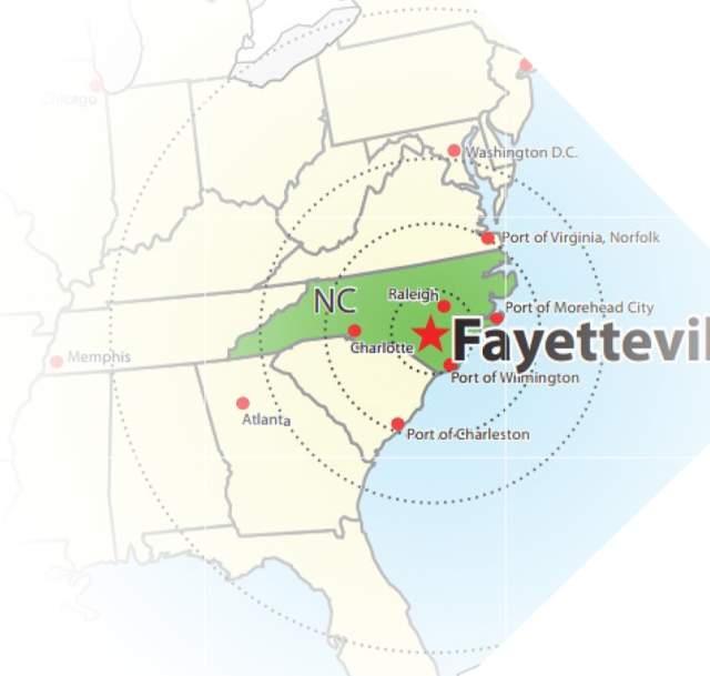 Map of East Coast highlighting Fayetteville