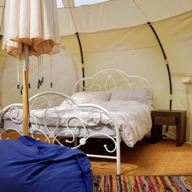 double bed in tent
