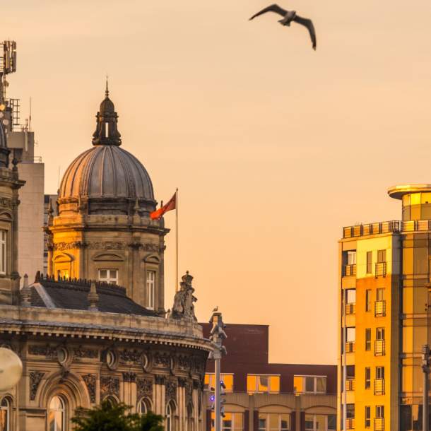 Hull city centre rooftops at Sunset
