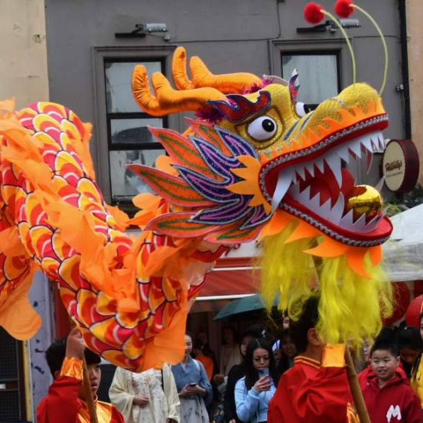 Chinese Dragon Puppet being displayed in Tralee Town Square as part of New Year Celebrations.