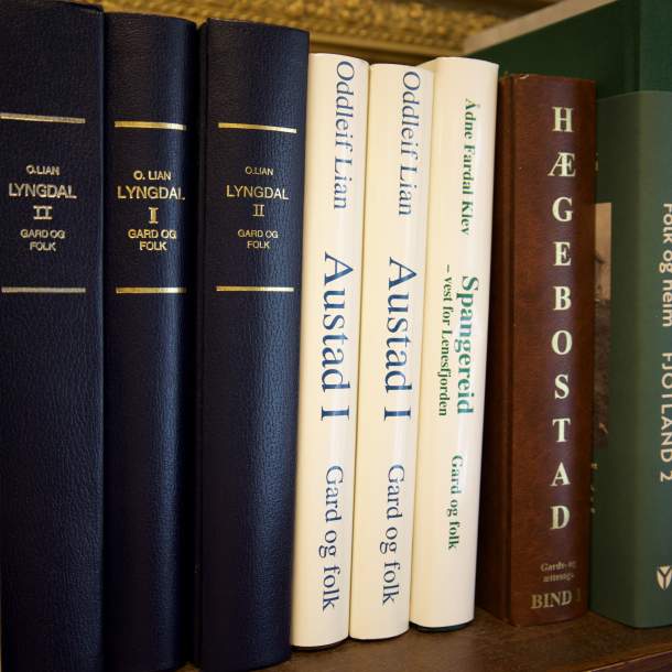 Bokhylle med lokalhistoriske bøker fra Lyngdal, Hægebostad og Spangereid.