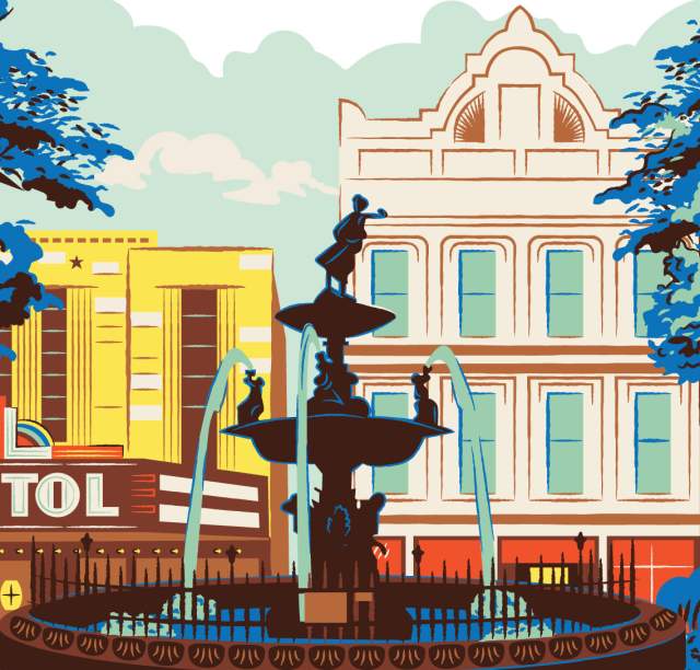 Hand-drawn illustration of downtown bgky