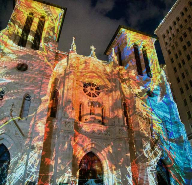 Light show projected onto San Fernando Cathedral