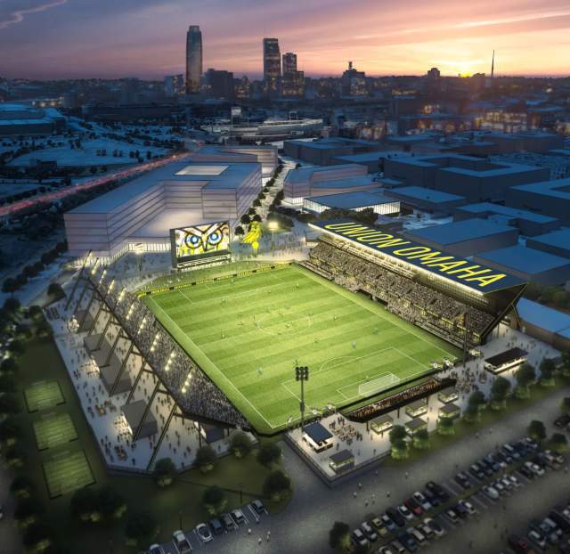 A rendering of the Union Omaha stadium with downtown Omaha skyline in background.