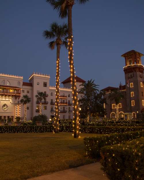 st augustine casa monica hotel and lightner museum at night covered in lights