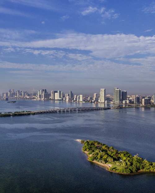 Aerial view of Intracoastal Waterway, Julia Tuttle Causeway, and downtown Miami skyline
