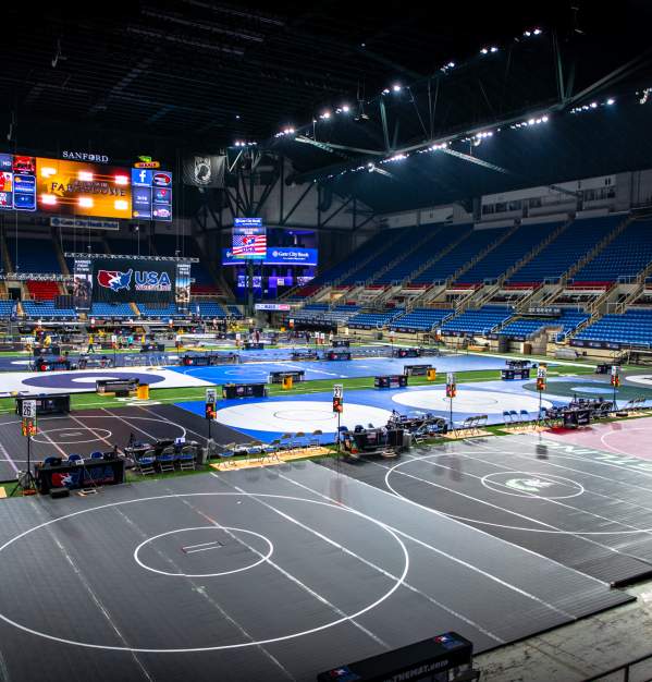 interior shot of the fargodome set up for a large wrestling tournament