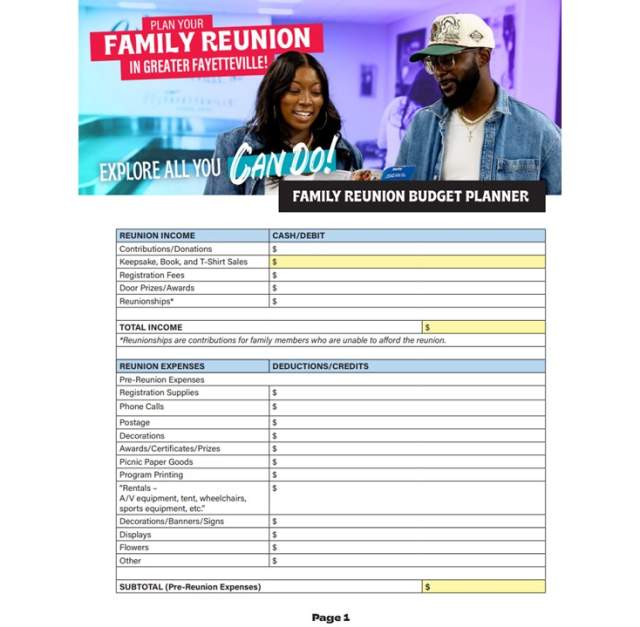 Family reunion budget planner worksheet for planning a reunion in the Greater Fayetteville area, including income sources and expense categories for organizing the event.