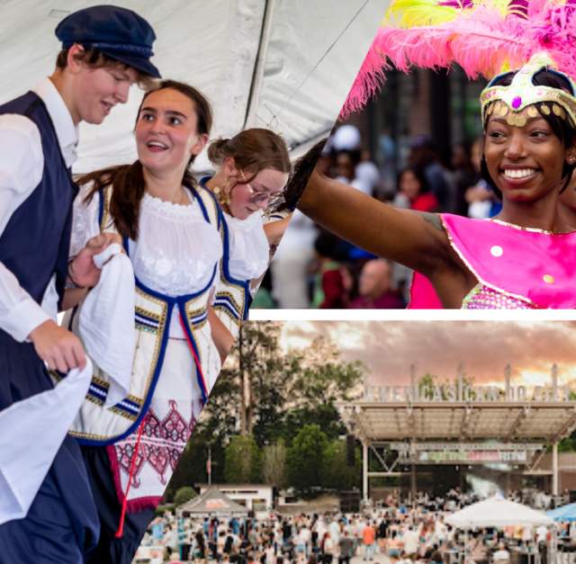 A triptych-style promotional image featuring three fall cultural festivals in Fayetteville, NC. On the left, Greek dancers in traditional costumes perform under a tent, with a smiling man and woman in focus. In the center, a joyful woman in a bright pink feathered headdress and costume represents the International Folk Festival. On the right, the Dogwood Fall Festival is captured at sunset, showing a crowd gathered at Festival Park with dramatic clouds overhead.