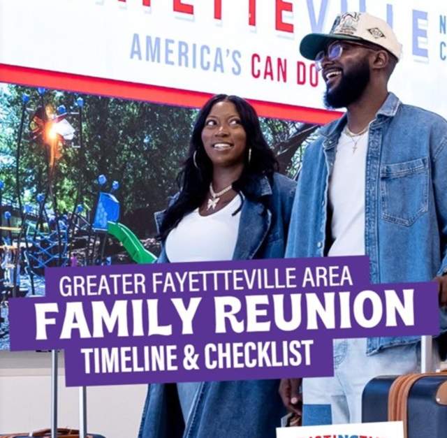 Couple arriving in Fayetteville with suitcases beneath a “Welcome to Fayetteville” sign, promoting a Greater Fayetteville Area family reunion timeline and checklist.
