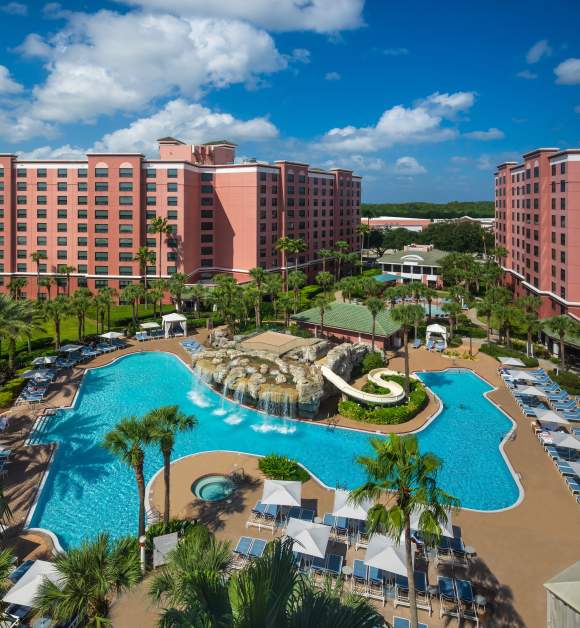 Caribe Royale, pool view from the ground and from above, and Starbucks, photo by Roberto Gonzalez