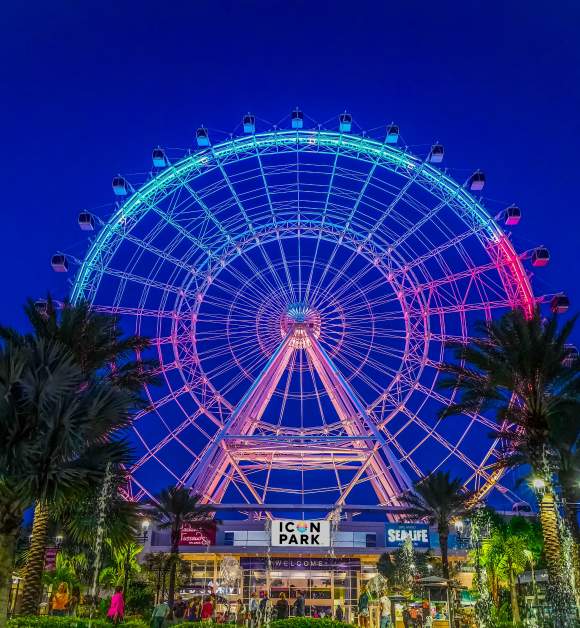 ICON Park The Wheel lit up at night