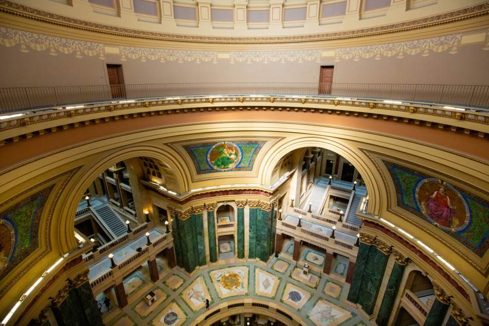 A top-down view of the Wisconsin State Capitol rotunda