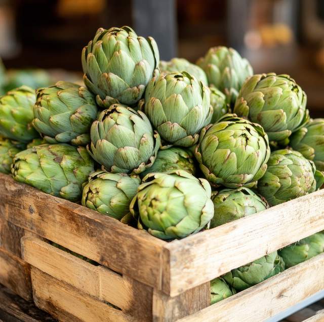Fresh Artichokes in Wooden Crate at Farmers Market
