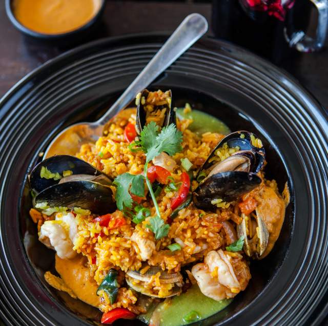 Arroz con Mariscos dish at La Viiga Seafood Restaurant in Redwood City, California