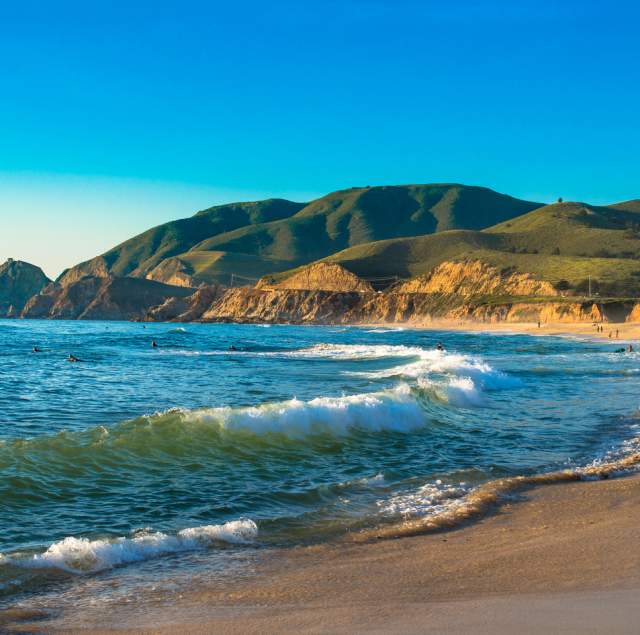 Waves hitting the sand on Montara State Beach in San Mateo County