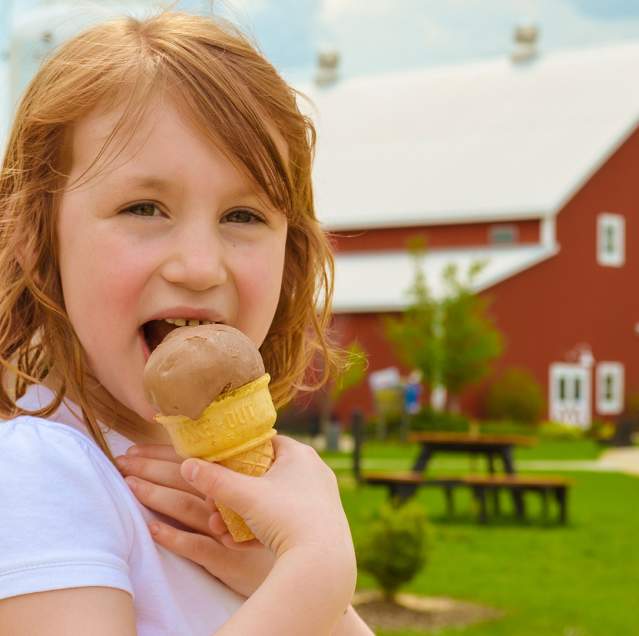 Girl eating ice cream at Fair Oaks Farms