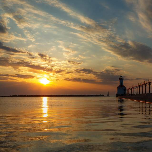 Michigan City Lighthouse at Washington Park Beach - Lake Michigan Sunset